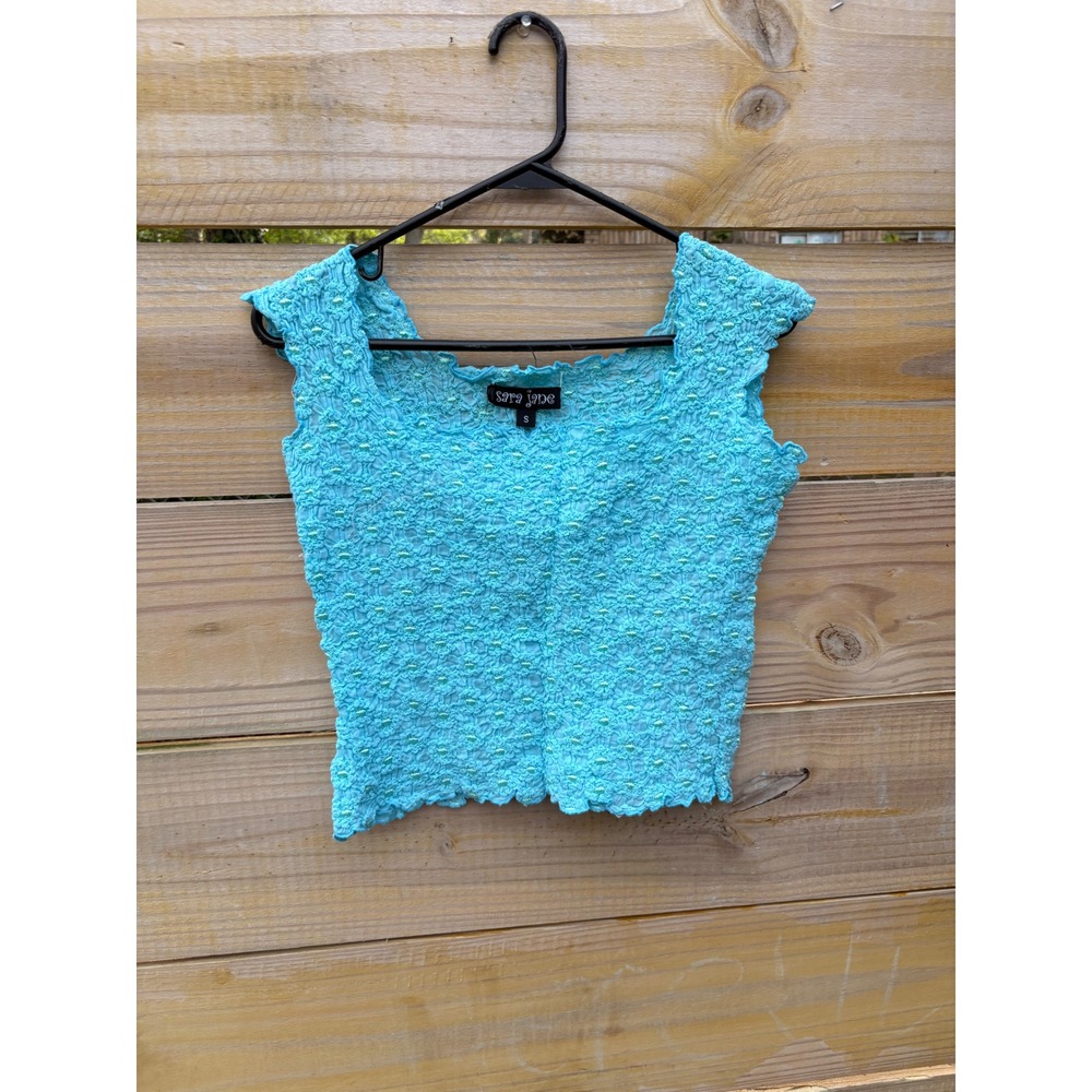 Sara Jane Turquoise Blue Popcorn Top Floral Embroidered Y2K Bubble Shirt Small